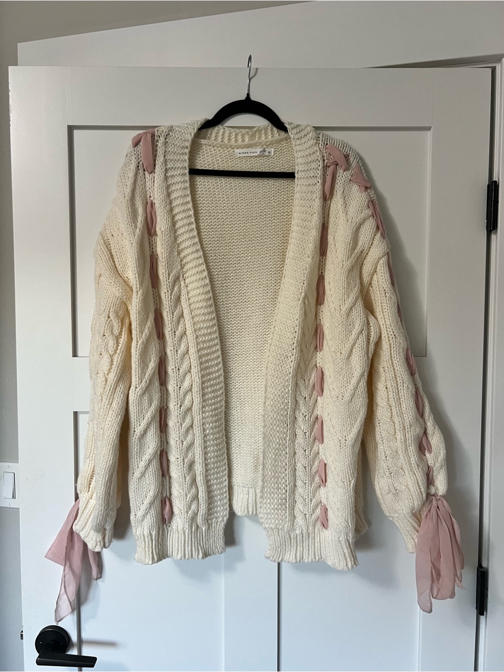 Altar’d State Pink Ribbon Bow Cardigan